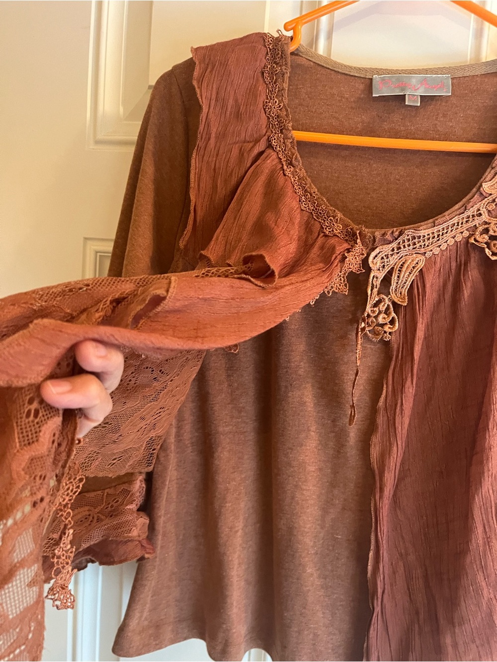 Pretty Angel Rust Brown Boho Lace-Trim Tunic Top. Size medium. - Picture 3 of 8